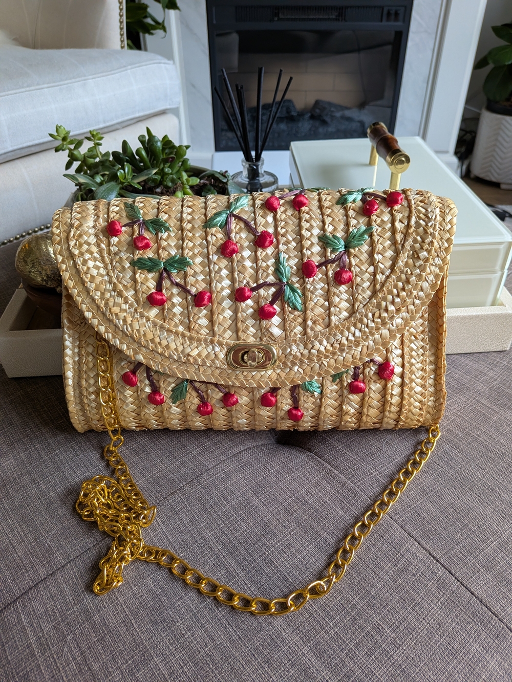 Woven Straw Shoulder Bag with Cherry Embroidery - Natural